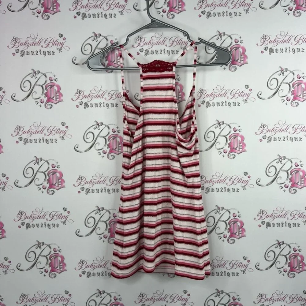 725 originals sparkly tank top stripe Red and White Striped Top with Lace Detail